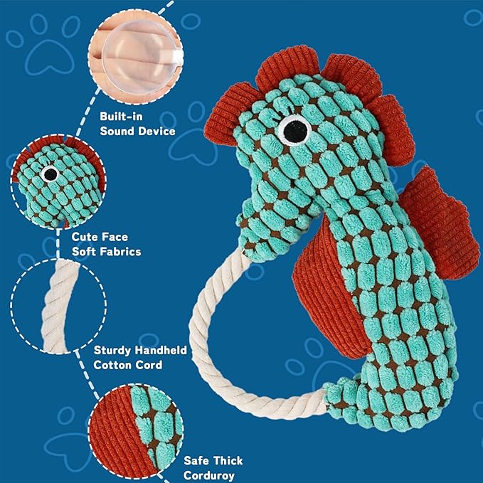 Crinkle Dog Toys Squeaky Plush No Stuffing Cute Puppy Stuffless Tough Rop Pull Toy, Fun Dog Stuffed Animals Durable Chew Set for Small Medium Large Pup (Large, Green Seahorse)
