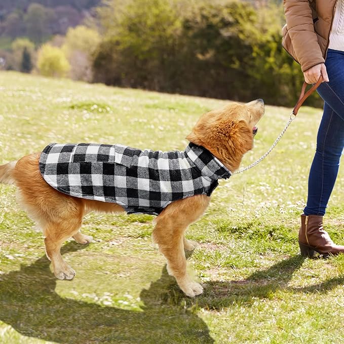 Malier Plaid Fleece Dog Coat Jacket with Pocket, Warm Windproof Winter Pet Clothes Apparel for Small to Large Dogs (White, XX-Large)