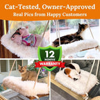 Cat Window Perch - Hammock Bed for Cats Inside - Solid Wood Seat, 4 Strong Suction Cups, Soft Cushion - Rustic Indoor Pet Shelf