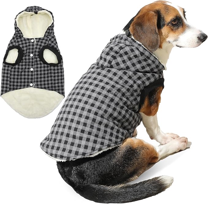 Fleece Lining Dog Hoodie for Medium Dogs Extra Warm Plaid Sweater with Drawstring Hooded Coats in Winter Doggie Jacket,Black XL