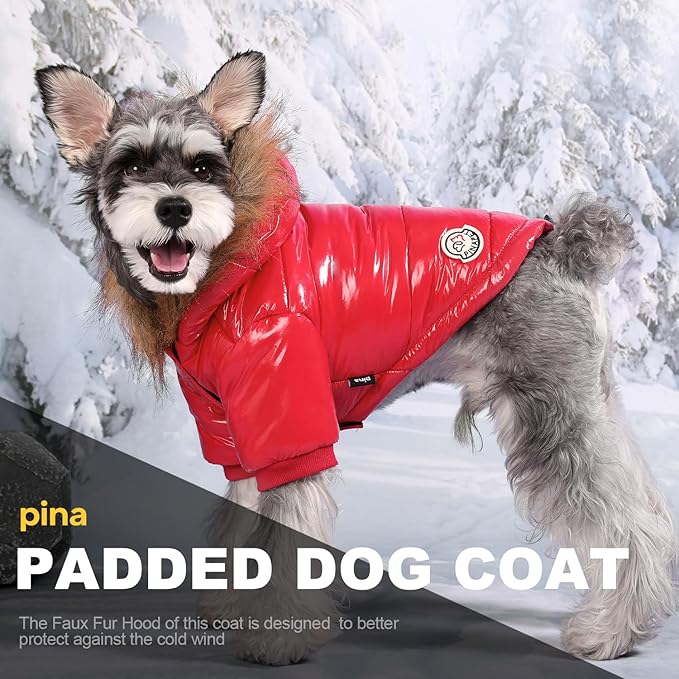 PINA Dog Winter Coat with Faux Fur Hood, Windproof and Warm, Suitable for Small to Large Dogs, Red, XXL
