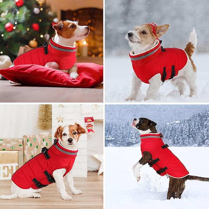 Dogcheer Dog Coat with Harness, Waterproof Dog Jacket Adjustable Pet Winter Coat with Zipper, Christmas Puppy Snow Jacket Fleece Sweater for Small Medium Large Dogs - Red 2XL