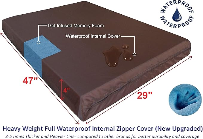 Dogbed4less Orthopedic Gel Memory Foam Pet Dog Bed, Waterproof Liner with External Microsuede Cover and Bonus Antislip Cover (Microsuede Gray, 47"X29"X4" Inches)