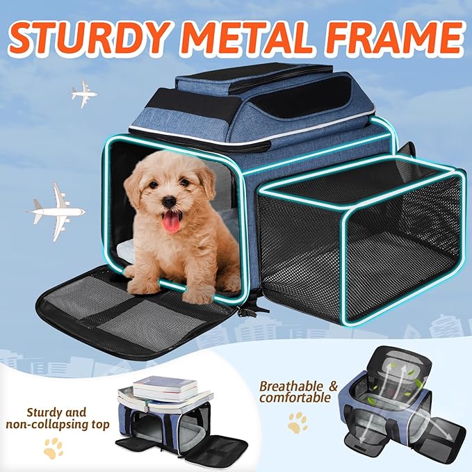 Petskd Top and Side Expandable Pet Carrier 17x12x8.5 Inches JetBlue Frontier Spirit Airline Approved, Soft-Sided Carrier for Small Cats and Dogs with Locking Safety Zippers and Anti-Scratch Mesh(Blue)