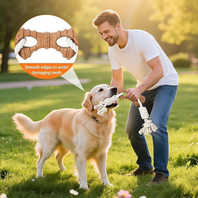 Dog Rope Toy for Aggressive Chewers, Tug and Teething Toy with Natural Cotton Rope and Wood-Plastic Bone, Durable Chew Toy for Medium to Large Dogs 20-60lb