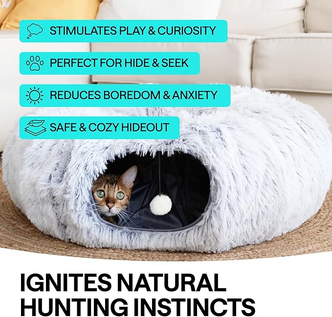 Cat Donut Tunnel Bed - Cat Tunnels for Indoor Cats - XL Plush Circle Hideaway with Cat Toys, 3-in-1 Foldable Playground & Cozy Cave Bed, Gift-Ready House Under Christmas Tree for Ferret, Rabbit, Kitty