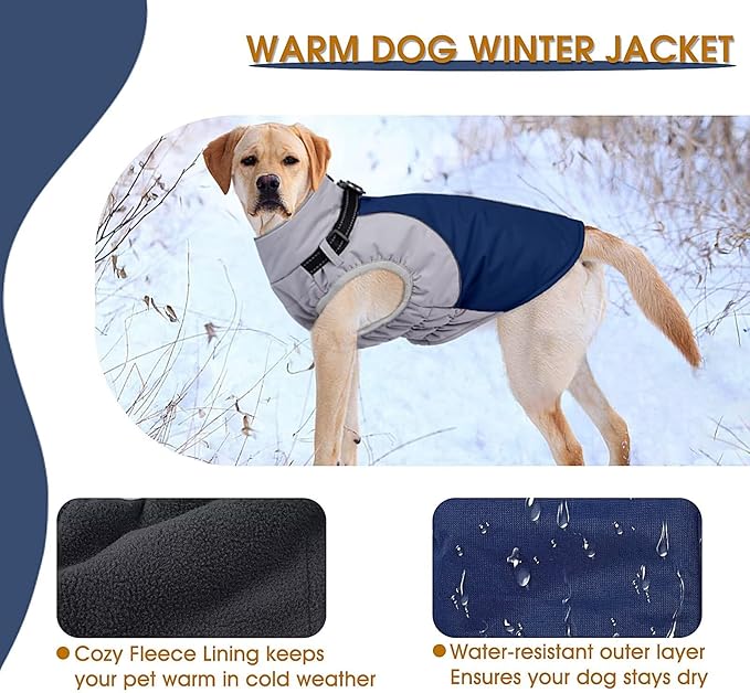 Dog Coat,Water-Repellent Dog Winter Jacket with Adjustable Buckle,Reflective Turtleneck Pet Snow Vest Dogs,Warm FleeceDog Winter Coat Cold Weather Jacket with Harness Built-in,Blue,M