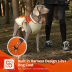 Dog Winter Coat with Harness, Dog Jacket, Pet Clothes with Zipper on Back, Waterproof Windproof Warm Vest, Reflective Cold Weather Coats, for Small Medium Large Dogs, Thick, Orange, 2XL