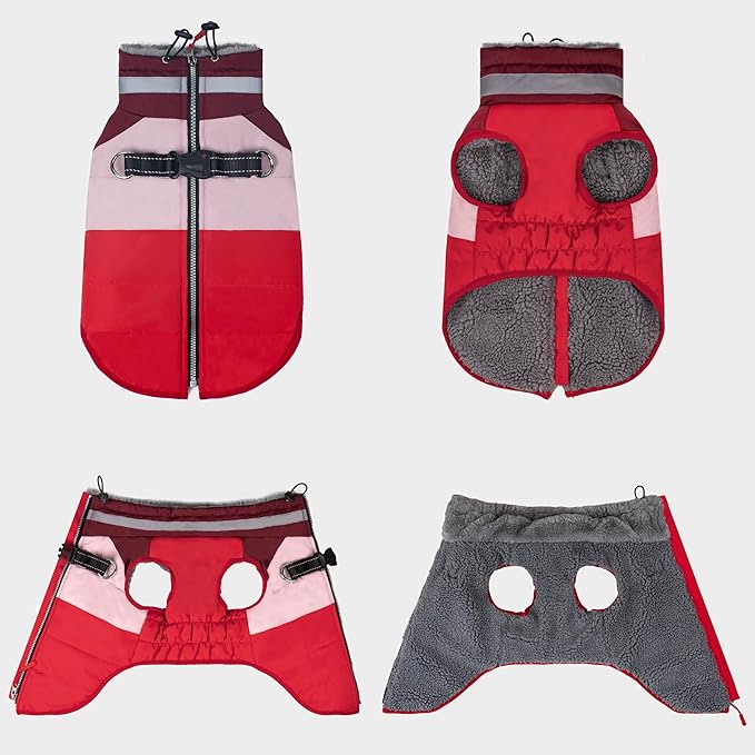 azuza Dog Jacket for Medium Dogs Waterproof Dog Coat with Reflective Strips and Harness Built in Warm Fleece Dogs Winter Coat Windproof with Back Zipper, Red 2XL