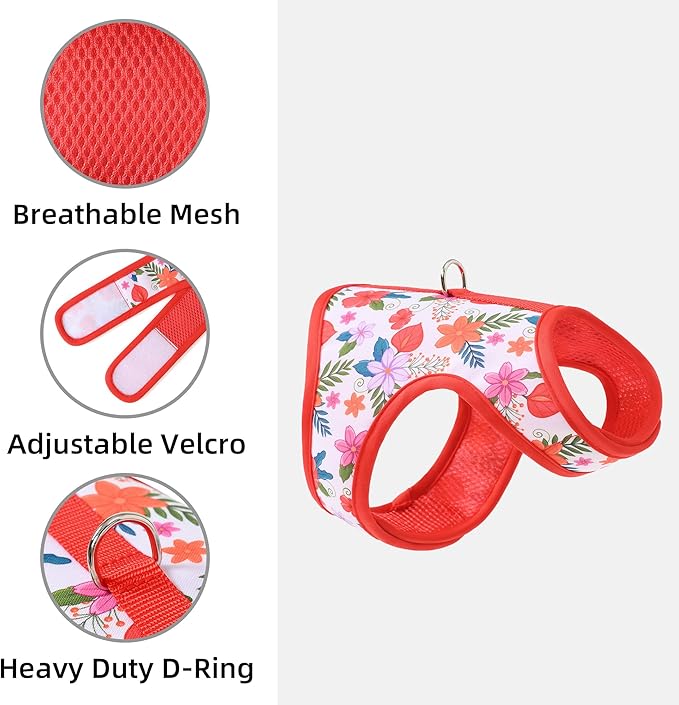 Mile High Life Dog Harness, Air Mesh Floral Vest Harness for 20 lbs Small Dogs & Cats, Easy Get on Adjustable Easy Closures Both Neck and Chest(Red Flower, S Chest 16"-18")