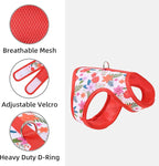 Mile High Life Dog Harness, Air Mesh Floral Vest Harness for 20 lbs Small Dogs & Cats, Easy Get on Adjustable Easy Closures Both Neck and Chest(Red Flower, XS Chest 14"-16")