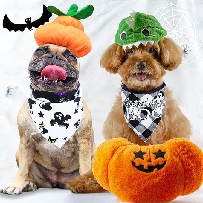SCENEREAL Halloween Dog Bandanas 2 Pack, Puppy Fall Triangle Bibs Handkerchief Ghost Black Cat, Reversible Holiday Dog Bandana for Boy and Girl, Premium Pet Scarf for Small Medium Large Dogs L