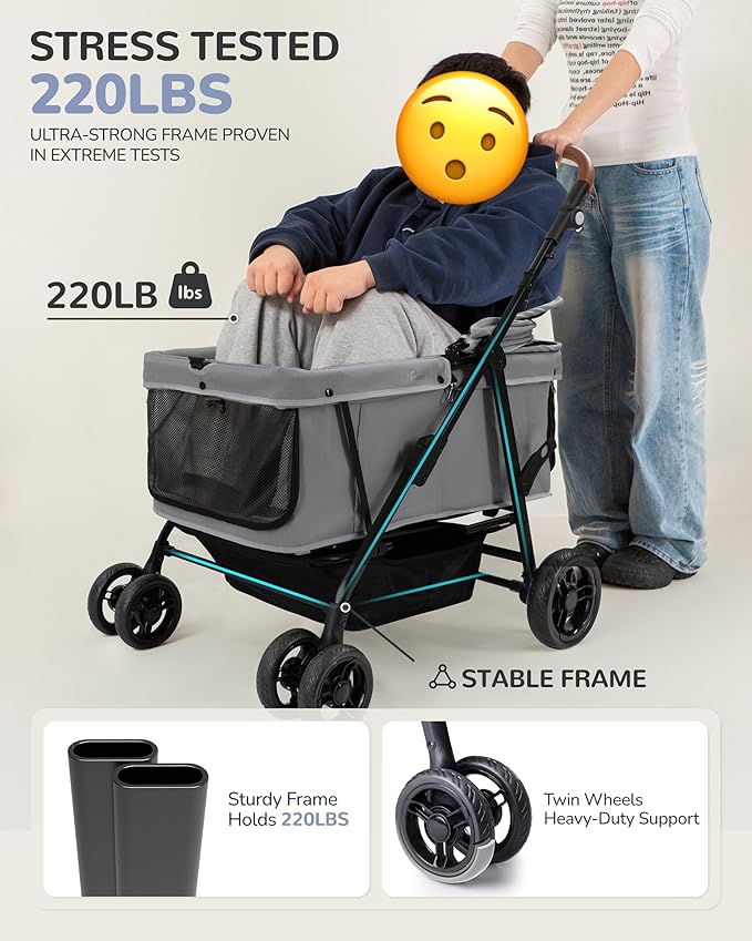 Dog Stroller for Large & Medium Dogs (20–132 lbs), Pet Stroller for 2 Small Dogs, Extra Large Heavy Duty, Foldable & Ventilated, Grey