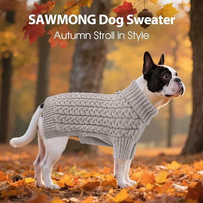 SAWMONG Dog Sweater, Dog Sweaters for Small Dogs Girls Boys, Pullover Turtleneck Knitted Doggy Sweatshirt, Cold Weather Pet Clothes（Grey, X-Small