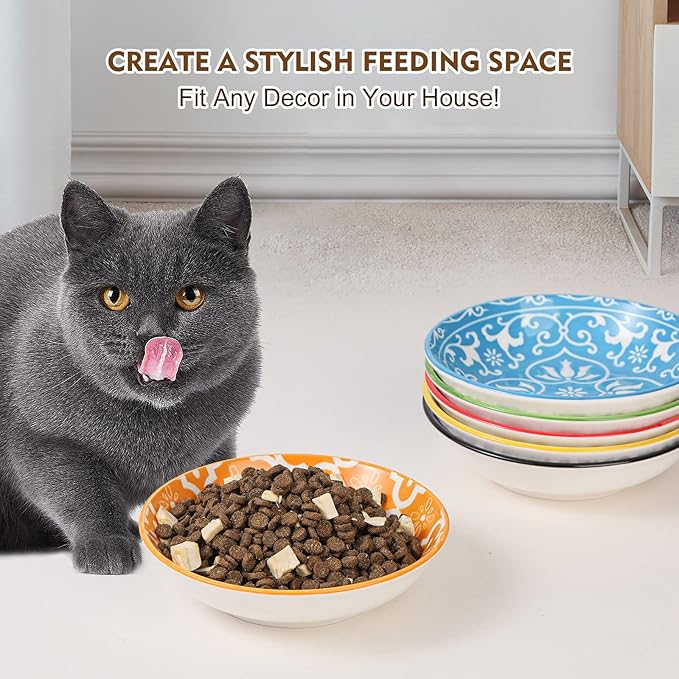 Ceramic Cat Dishes for Food - Colorful Cute Cat Bowl Set of 6 - Wide, Shallow, Whisker Friendly - Microwave and Dishwasher Safe - 8.5 oz - 5.75 inch