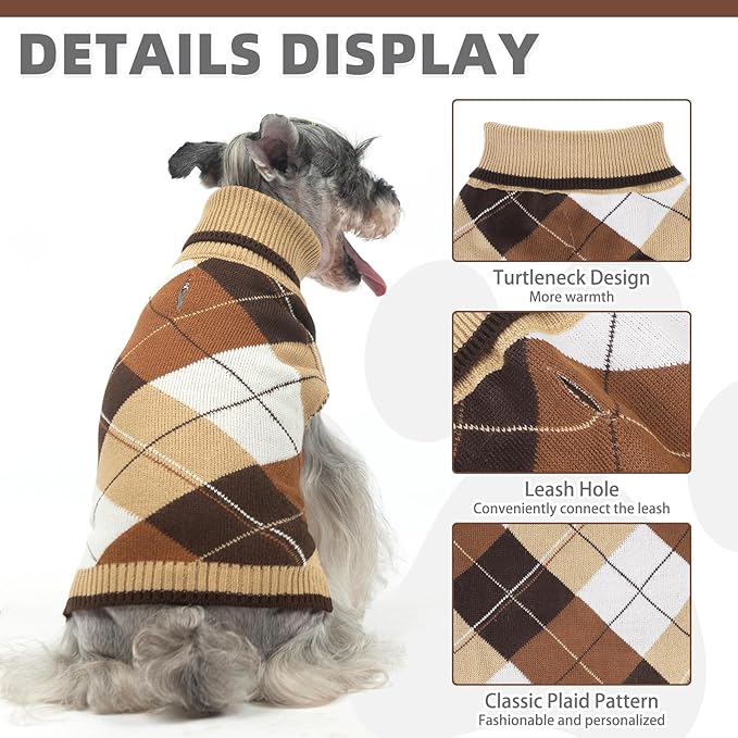 KOOLTAIL Dog Sweater for Small Dogs, Puppy Knitted Clothes - Classic Plaid Pullover Turtleneck Thick Warm Fall Cat Sweaters with Leash Hole, Dog Winter Clothes for Chihuahua Dachshund Girls Boys, XS