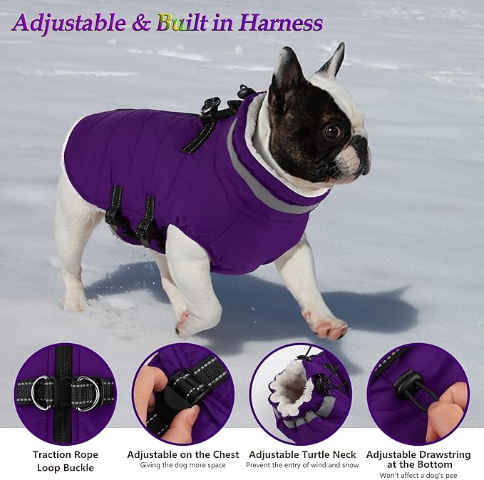 Dogcheer Dog Coat with Harness, Waterproof Dog Jacket Adjustable Pet Winter Coat with Zipper, Christmas Puppy Snow Jacket Fleece Sweater for Small Medium Large Dogs - Purple 2XL
