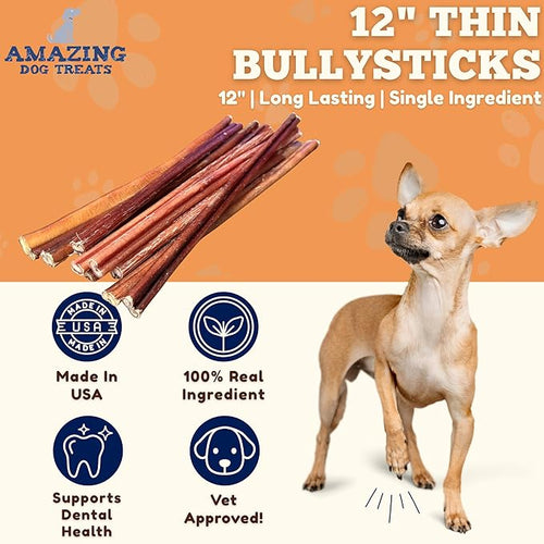 Amazing Dog Treats - Bully Sticks for Small Dogs (12 Inch Small- 100 Count) - Premium Thin Junior Bully Sticks for Dogs