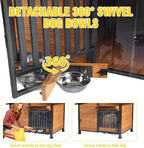 Chew-Resistant Dog House with Metal Frame, Wooden Kennel for Indoor & Outdoor Use, Waterproof Roof & Feeding Bowls Included (Wood, XL-in)