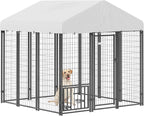 PawHut 6' x 6' x 6' Outdoor Dog Kennel, Welded Wire Dog Kennel Outside Run with 360° Rotating & 4 Level Adjustable Bowls, Waterproof & UV Resistant Cover, for S&M&L Breeds, Chickens, Ducks, Silver