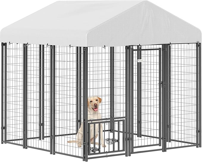 PawHut 6' x 6' x 6' Outdoor Dog Kennel, Welded Wire Dog Kennel Outside Run with 360° Rotating & 4 Level Adjustable Bowls, Waterproof & UV Resistant Cover, for S&M&L Breeds, Chickens, Ducks, Silver