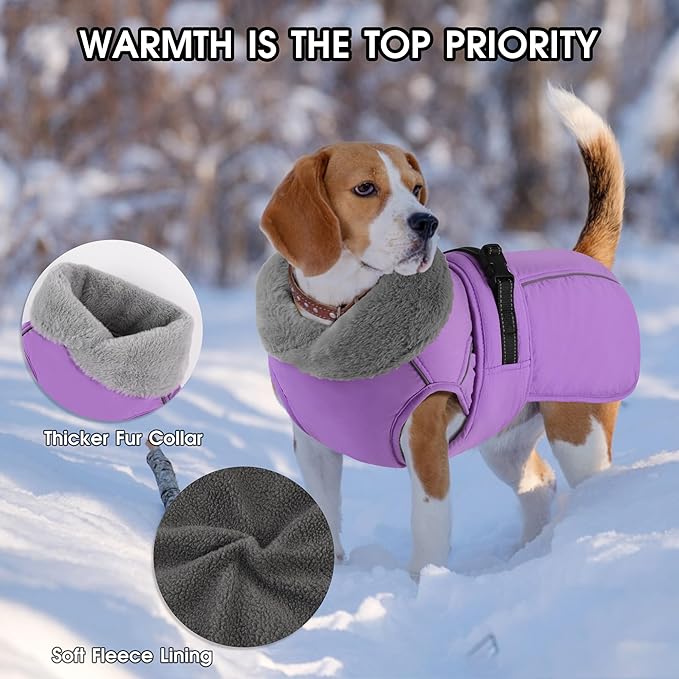 PETDSH Dog Coat Medium, Windproof Dog Jacket with Warm Fleece Lining, Thickened Collar Dogs Winter Coat, Adjustable Reflective Pet Coats for Cold Weather (Purple, Medium)