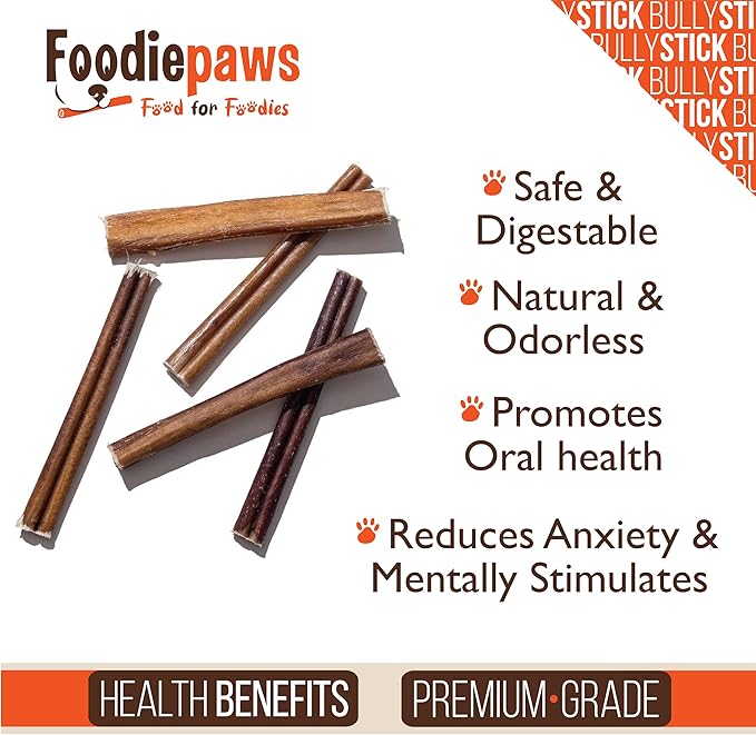 FOODIEPAWS 6 Inch Jumbo Bully Sticks for Dogs, 10 Pack | All Natural, Grass-Fed Beef | Extra Thick, Rawhide-Free & Fully Digestible Chews | Odor-Free, Long Lasting Dog Treats for Medium & Large Breeds