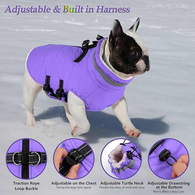 Dogcheer Dog Coat with Harness, Waterproof Dog Jacket Adjustable Winter Coat with Zipper, Christmas Puppy Snow Jacket Fleece Sweater for Small Medium Large Dogs - Taro Purple XS