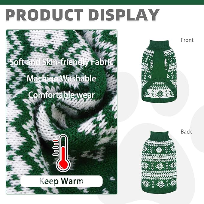 KOOLTAIL Cable Knit Dog Sweater Turtleneck, Cold Weather Pullover Classic Knitwear, Snowflake Pattern Thick Warm Winter Pet Clothes, Dog Christmas Sweater for Small Medium Large Dogs Cats, Green S