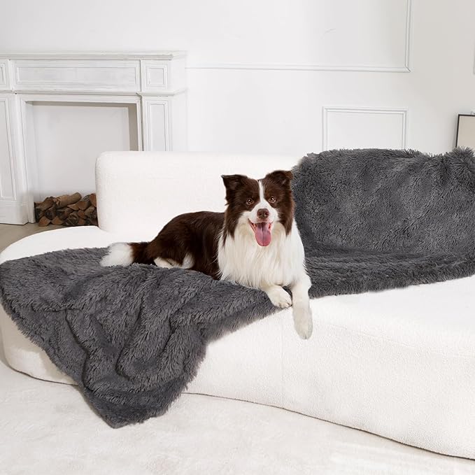 gogobunny Waterproof Dog Blanket for Large Dogs, Cats, Puppy, Reversible Faux Fur Pet Throw Blanket, Washable, Calming Furniture Protection for Sofa Bed (33x77 Inch (Pack of 1), Grey)