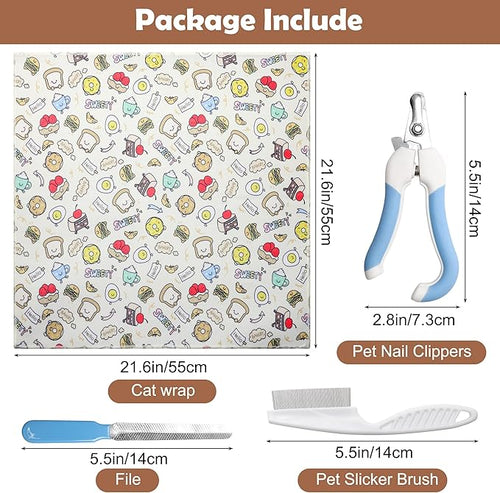 21.6 Inches Cat Wrap for Cutting Nails, Self-Adhesive Restraint Cloth for Cats Multifunctional Cat Grooming Wrap with Pet Nail Clipper, File and Pet Hairbrush