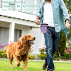 Dog Treat Pouch Magnetic Closure with Training Clicker，Hands-Free Design to Prevent Spills，Built in Poop Bag Dispenser，3 Ways To Wear，Metal Clip Waist Belt and Fanny Pack for Pet Walking（Purple）