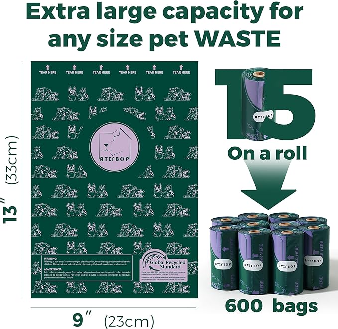 ATIFBOP Dog Poop Bags Rolls, Extra Thick and Leak-proof Poop Bag for Dogs, 600 Bags 40 Refill Rolls, Scented Waste Bag for Dog and Cat, Made form 65% Recycled Plastics