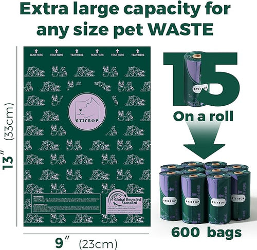 ATIFBOP Dog Poop Bags Rolls, Extra Thick and Leak-proof Poop Bag for Dogs, 600 Bags 40 Refill Rolls, Scented Waste Bag for Dog and Cat, Made form 65% Recycled Plastics