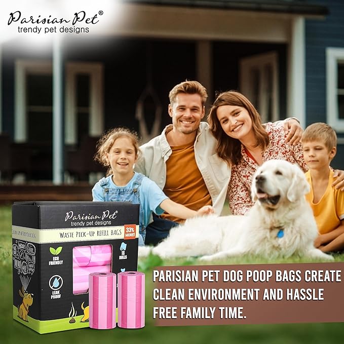 Parisian Pet Ecofriendly Dog Poop Bags Rolls - 320 Count Unscented Poop Bags For Dogs - Leakproof, Extra Thick, 16 Dog Waste Bags Refill Rolls - Striped Pink Doggie Poop Bags - Fits All Dispenser