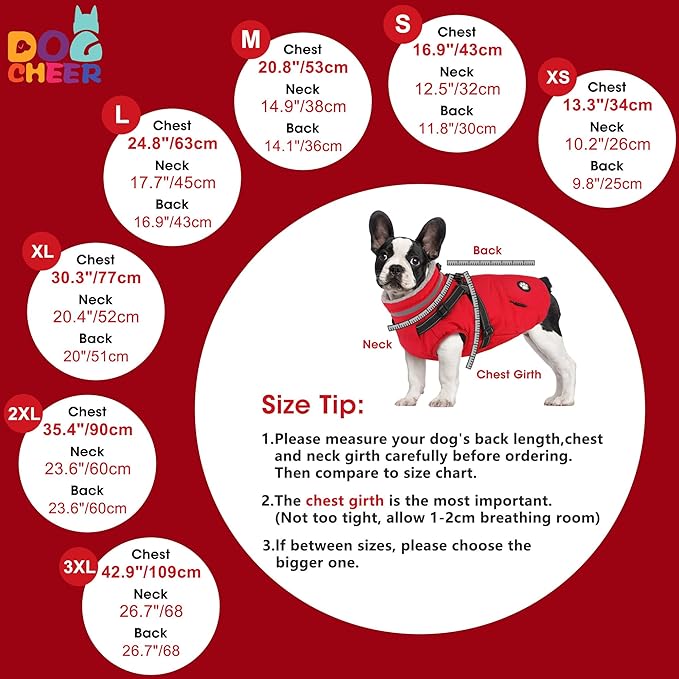 Dogcheer Dog Coat with Harness, Waterproof Dog Jacket, Christmas Puppy Winter Coat with Pocket, Reflective Doggy Turtleneck Puffer Vest for Small Medium Large Dogs - Red, L