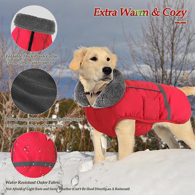 Dogcheer Warm Dog Coat, Christmas Dog Jacket Waterproof Puppy Winter Coat with Buckles, Reflective Adjustable Pet Snow Jacket Turtleneck Fleece Sweater for Small Medium Large Dogs - Red, 3XL