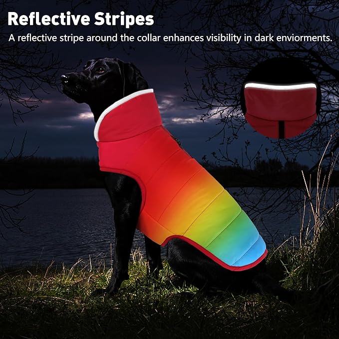 Dog Winter Coat, Waterproof Dog Jacket with Leash Hole, Reflective Adjustable Pet Snow Vest, Warm Fleece Sweater for Small Medium Large Dogs - Rainbow, 2XL