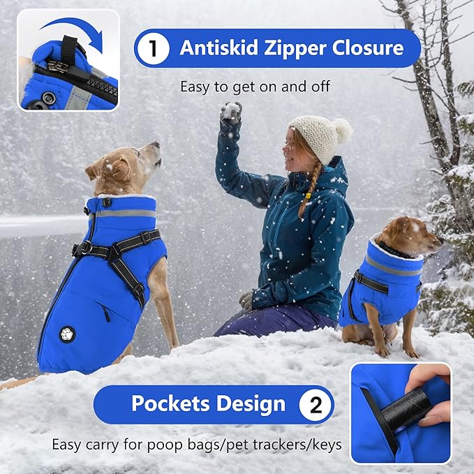 Dogcheer Dog Coat, Waterproof Dog Winter Jacket with Harness, Reflective Adjustable Doggy Cold Weather Coats, Christmas Pet Fleece Snowsuit for Small Medium Large Dogs - Blue, XL