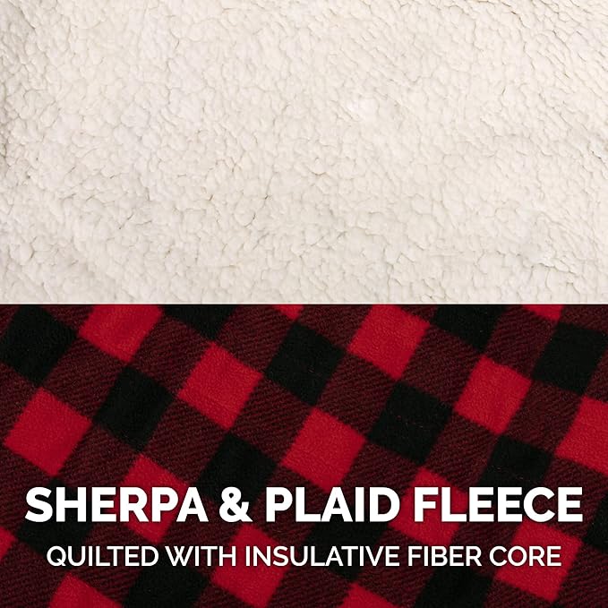 Furhaven Reversible Large Dog Coat, Washable & Insulating w/ Leash Access - Sherpa & Plaid Fleece Flex-Fit Jacket - Cream/Red, Large