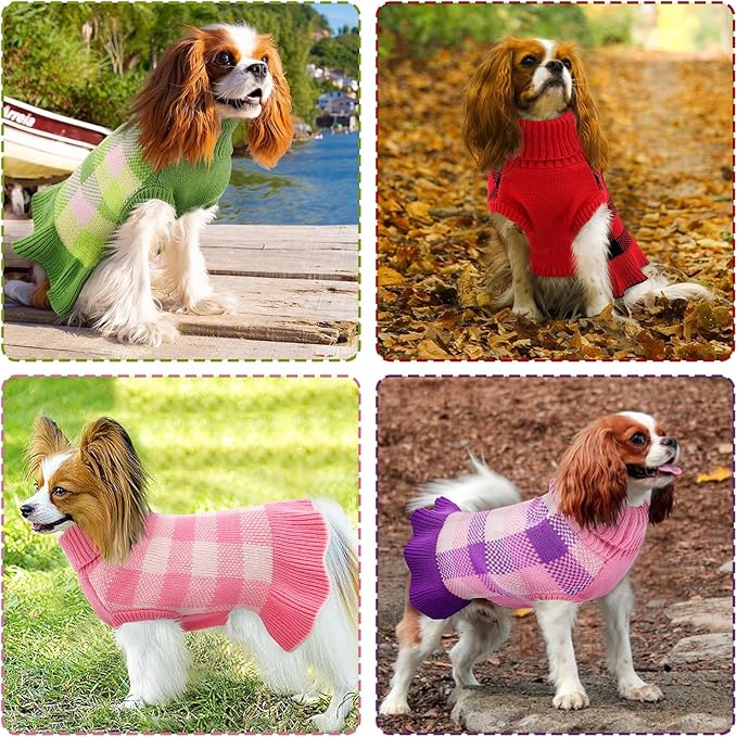 Dog Sweater Dress Plaid Knitwear for Small Medium Dogs Warm Puppy Pet Turtleneck Stretch Pullover Cute Fall Winter Vest Clothes with Leash Hole for Christmas (Green, M)
