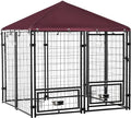 PawHut 4.6' x 4.6' x 5' Outdoor Dog Kennel, Welded Wire Dog Kennel Outside Run with 360° Rotating Bowls, Waterproof & UV Resistant Cover, for S&M Breeds, Chickens, Ducks, Red