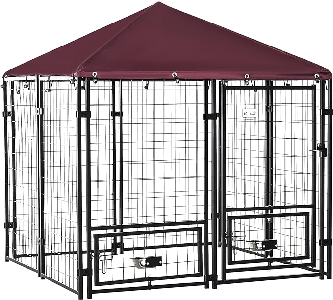 PawHut 4.6' x 4.6' x 5' Outdoor Dog Kennel, Welded Wire Dog Kennel Outside Run with 360° Rotating Bowls, Waterproof & UV Resistant Cover, for S&M Breeds, Chickens, Ducks, Red