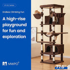 MWPO Extra Large Cat Tree, 77.6-Inch Tall Cat Tower for Indoor Cats with 2 Condos, Multi-Level Cat Stand for Large Cats, 3 Hammocks, Wide Perch, Scratching Posts, Dangling Toys, Brown
