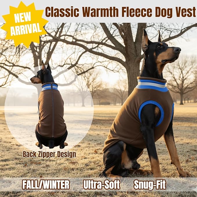 Winter Warm Dog Fleece Vest Sweater, Soft & Snug-Fit Doggie Sweaters for Small Dogs with Back-Zipper, Turtleneck Puppy Vests Sweatshirt, Lightweight Coat Pet Clothes with Reflective Strip(Brown, XS)