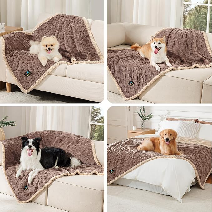 Waterproof Pet Blanket, Liquid Pee Proof Dog Blankets for Sofa Bed Couch, Reversible Sherpa Fleece Furniture Protector Cover for Small Medium Large Dogs Cats,Khaki Large（65" x 57"）