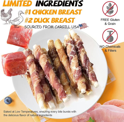 ASMPET Dog Treats Chews, Chicken & Duck Wrapped Rawhide Sticks (20 pcs, 10.6 oz, 5 inch)