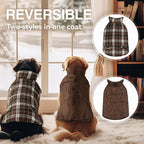 VIVAGLORY Softjoy Dog Coat, Dog Jacket for Winter & Christmas, Coat with Harness Hole & Velcro Closure, Reversible Plaid Checkered Warm Fluffy Heavy Duty for Puppy, L, Coffee