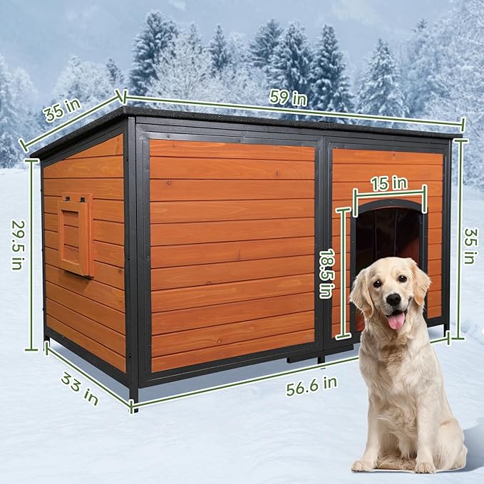 Extra Large Dog House Outdoor Weatherproof Dog Shelter Large Wooden Insulated Houses with Upgrade Anti-Chewing Iron Frame