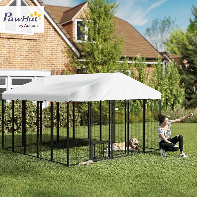 PawHut 10' x 10' x 6.8' Outdoor Dog Kennel, Welded Wire Dog Kennel Outside Run with 360° Rotating & 4 Level Adjustable Bowls, Waterproof & UV Resistant Cover, for S&M&L Breeds, Chickens, Ducks, Silver